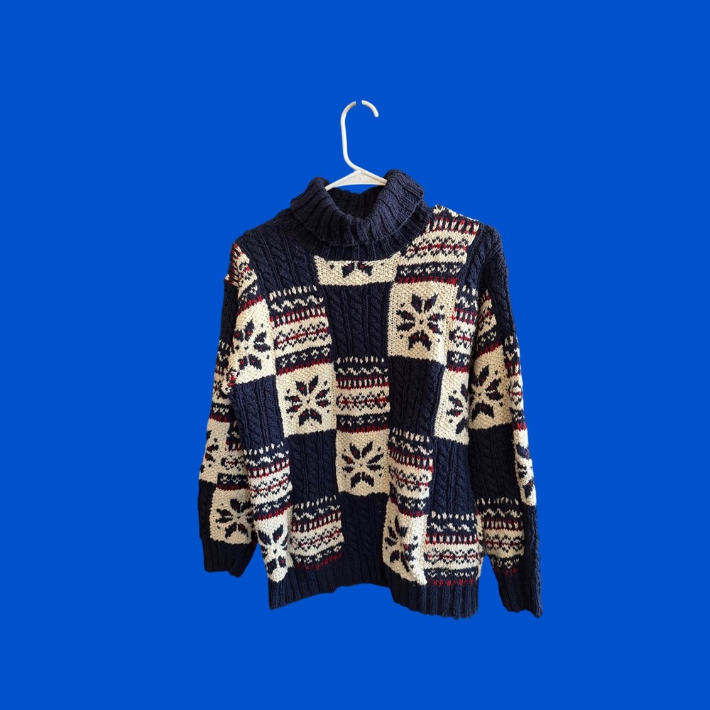 Jones Wear Sport Hand Knit Patchwork Snowflake Turtleneck Sweater Navy Small